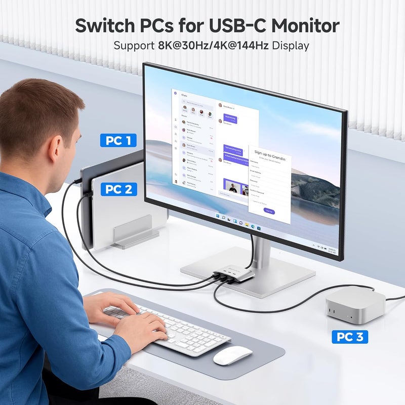 CableMatters 20Gbps USB C Switch, 3-in-1-Out, Supports Up to 8K@30Hz on Windows, 4K@60Hz on macOS, 140W PD, for Sharing a USB-C/Thunderbolt 4 Monitor or Dock (Not Work with Captive Cable Docks) - Image 3